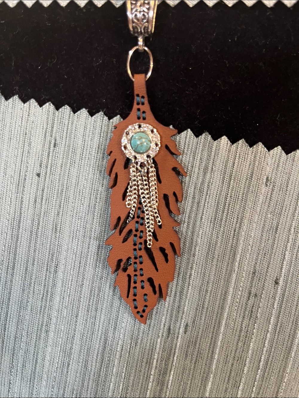 Leather Feather Pendant Necklace with Turquoise Accent
